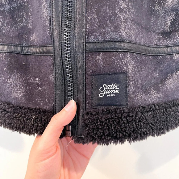 Sixth June Black Faux Shearling Bohemian Full Zip Heavy Moto Jacket M - Picture 5 of 14